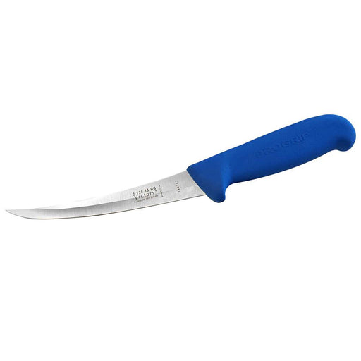 Narrow Curved Boning Knife 15cm One Knife 2-720-15-200 with stainless steel blade and blue Progrip handle.