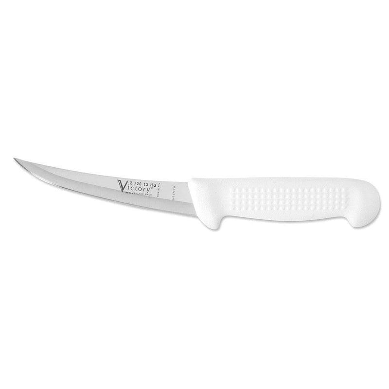 Narrow Curved Boning Knife 13Cm - Hollow Ground 2-720-13HG-115 with a white handle and stainless steel blade.