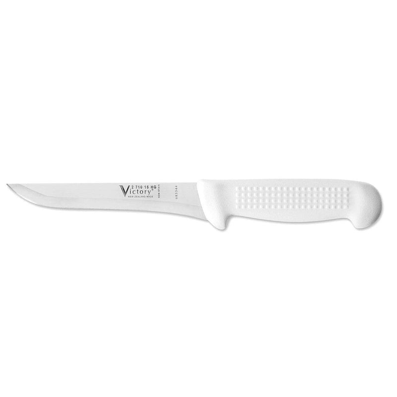 STRAIGHT BONING KNIFE 15cm - HOLLOW GROUND with a white handle and sharp blade for precision cutting.