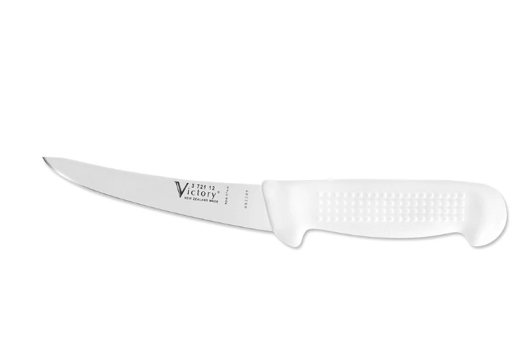 Narrow Curved Boning Knife 12Cm with a white handle, ideal for skinning and boning game animals.