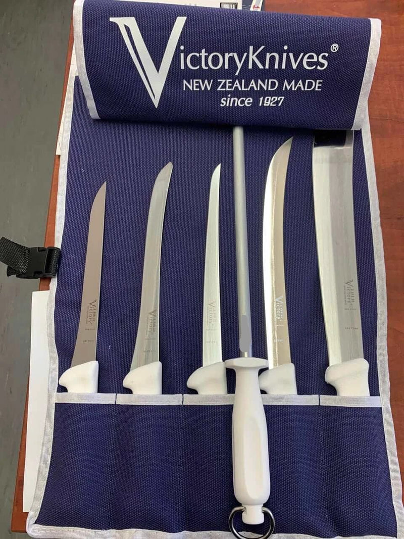 Fishing Knife Set 6 Piece Fish Filleting displayed in a case with German stainless steel knives from Victory Knives.
