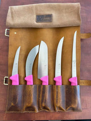Victory Pink Knife Set displayed in a roll-up case, featuring pink Progrip handles and various knife types.