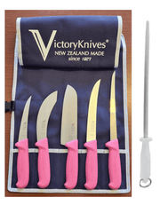 Victory Pink Knife Set featuring five pink-handled knives in a blue case, perfect for all kitchen tasks.