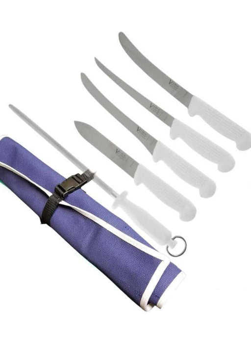 Fisherman's Knife Set with Sharpener 5 set featuring filleting knives and knife wrap for fishing enthusiasts.