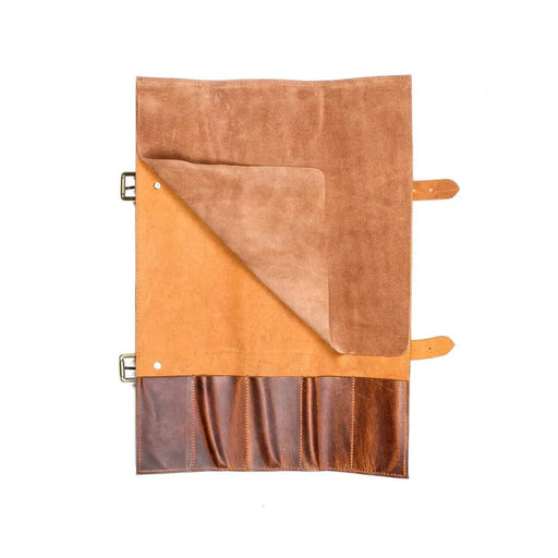 Butchers Knife Set leather roll for organizing and storing butcher tools, featuring multiple pockets and durable materials.