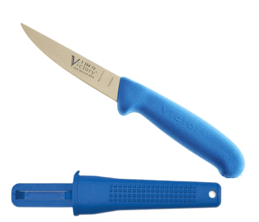 Rabbiters Knife with Scabbard One Knife - Victory Rabbiters Knife 10cm Blade with Blue Handle and Scabbard.