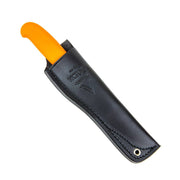 Small Leather Sheath S10 holding a knife with an orange handle, perfect for various camping and outdoor activities.