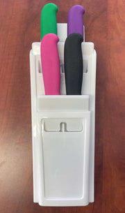 White Quad Knife Scabbard SK10/4 - S17 with colorful knife handles organized neatly.
