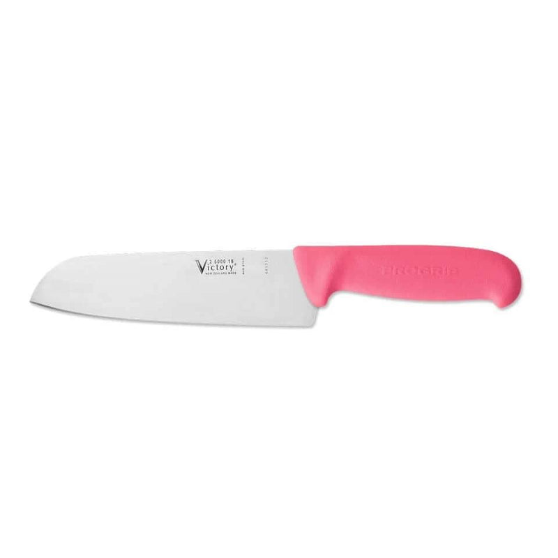 SANTOKU CHEFS KNIFE 18cm with a stainless steel blade and pink handle, designed for versatile kitchen use.