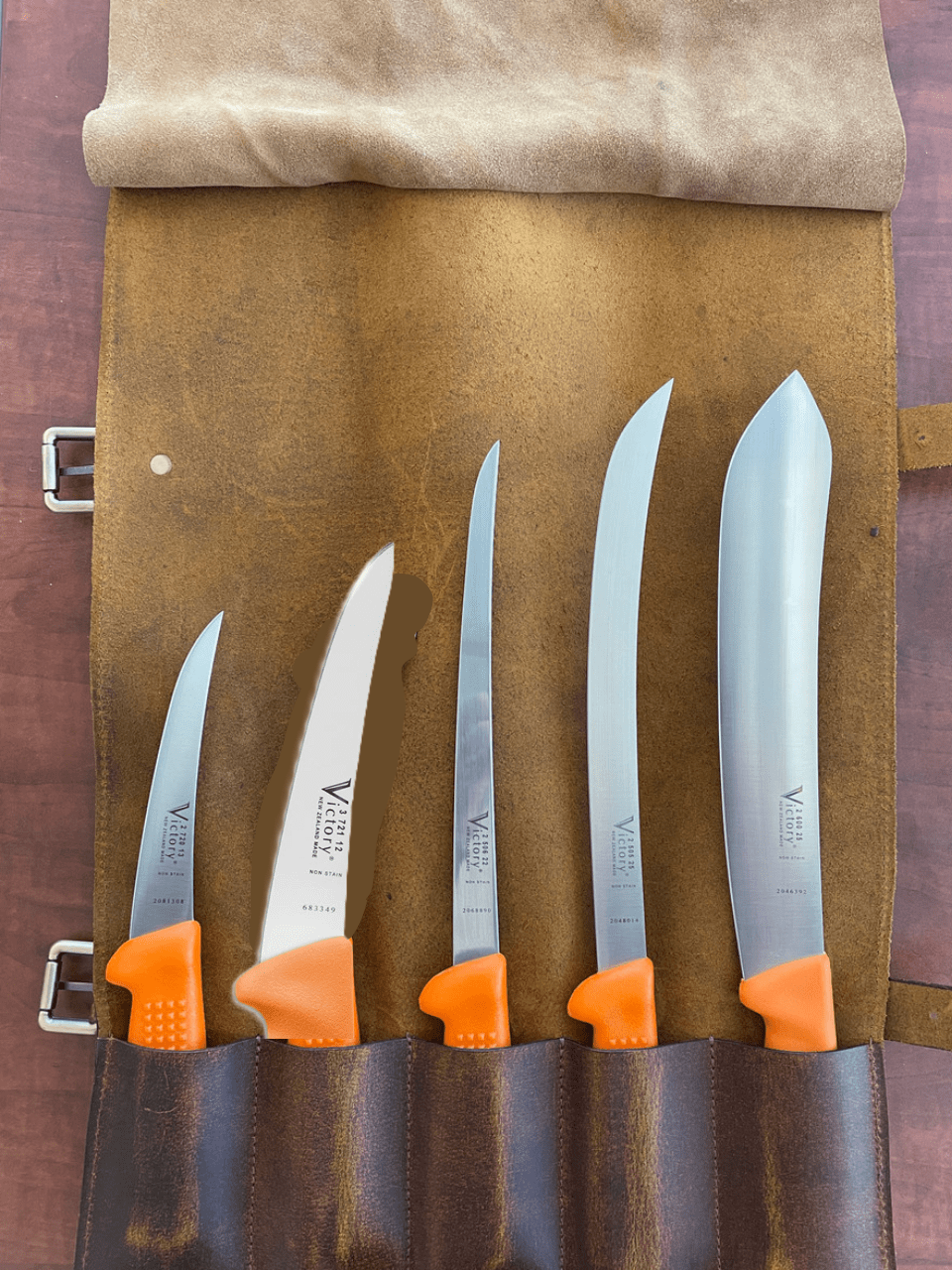 Victory Knives Knife Set 5 PIECES / LEATHER ROLL 5 POCKETS High Vis Fishing Filleting Knife Set with Knife Wrap