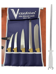 Butcher & BBQ Gold Knife Set featuring Victory Knives with gold Progrip handles in a blue roll.