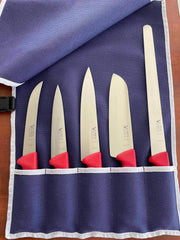 VICTORY KNIFE WRAP - 5 POCKETS with four stainless steel knives and red handles neatly stored.