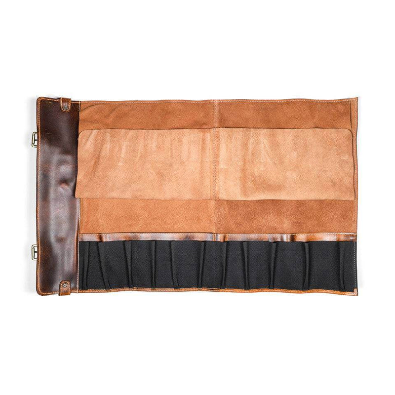 Victory Leather Knife Rolls-11 Pockets open view showcasing 11 pockets for knives and high-quality leather design.