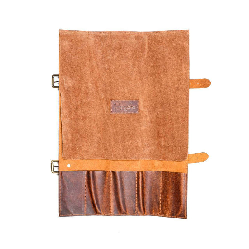 Victory Leather Knife set Wrap- 5 Pockets showing suede front flap and storage for knives.