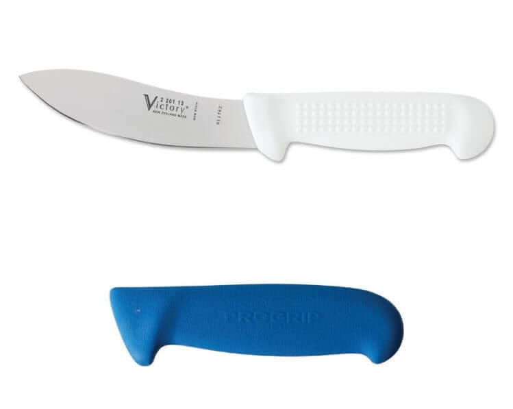 Sheep Skinning Knife Progrip 2-201-13-200 featuring a white handle and a blue progrip replacement handle.