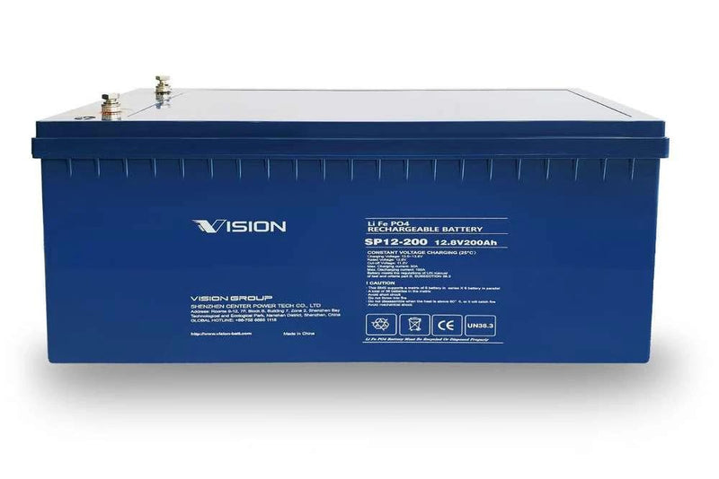 Vision LifePO4 12V 200AH Lithium Battery in blue, showcasing its rugged and maintenance-free design.