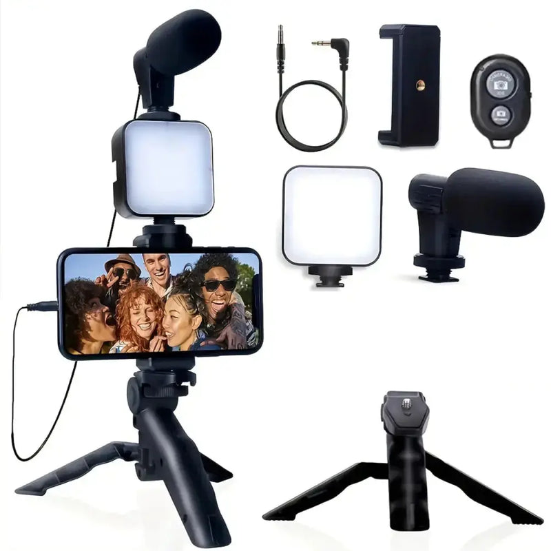 Vlogging Kit with Tripod, Mic & LED Light for Smartphones (6 in 1)