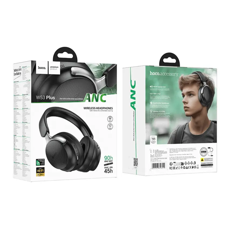 Premium Bluetooth Headset 90H ANC Noise Cancelling – W53 Plus Black by techplus