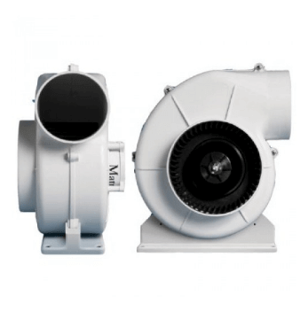 Large Capacity Centrifugal Bilge Blower 24V - 12,480 LPM side view showing inlet and exhaust.