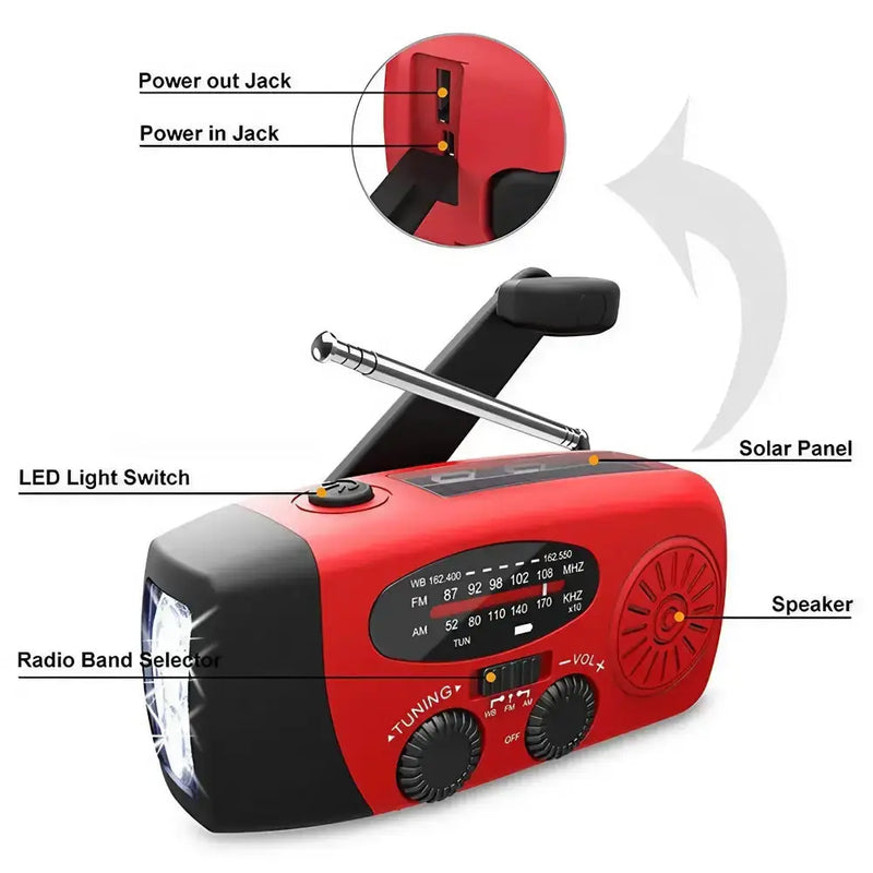 2000mAh Emergency Weather Radio with Hand Crank, Solar & USB Charging, Flashlight by Habicare
