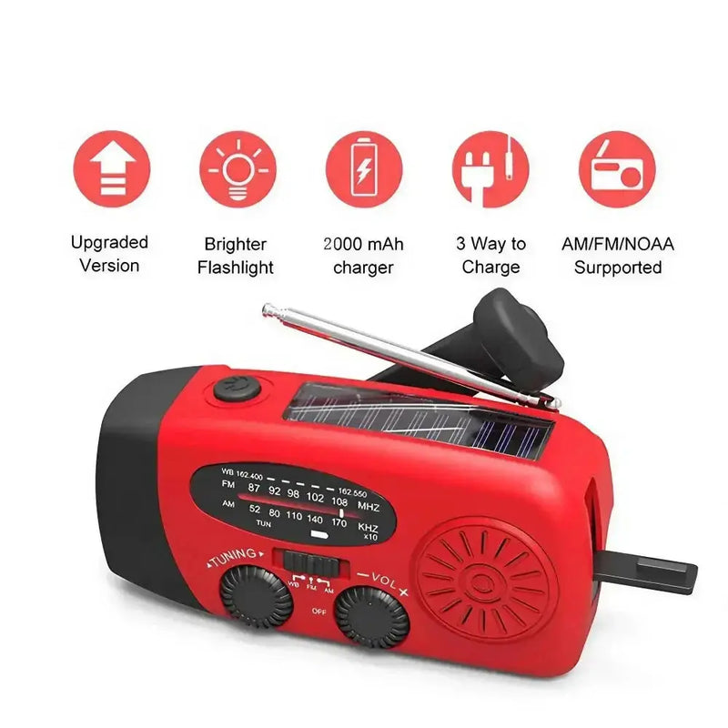 2000mAh Emergency Weather Radio with Hand Crank, Solar & USB Charging, Flashlight by Habicare