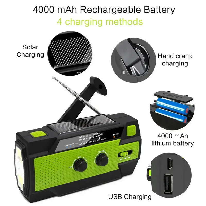 2000mAh Emergency Weather Radio with Hand Crank, Solar & USB Charging, Flashlight by Habicare