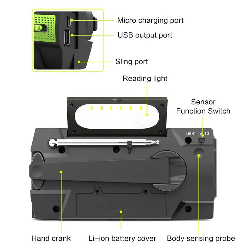 2000mAh Emergency Weather Radio with Hand Crank, Solar & USB Charging, Flashlight by Habicare