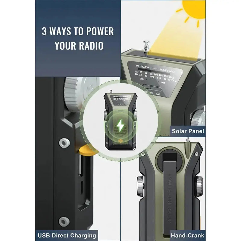 2000mAh Emergency Weather Radio with Hand Crank, Solar & USB Charging, Flashlight by Habicare