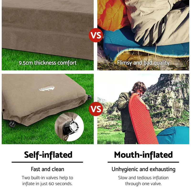 Weisshorn Self Inflating Mattress Camping Sleeping Mat Air Bed Double Set Coffee by SportZone.co.nz