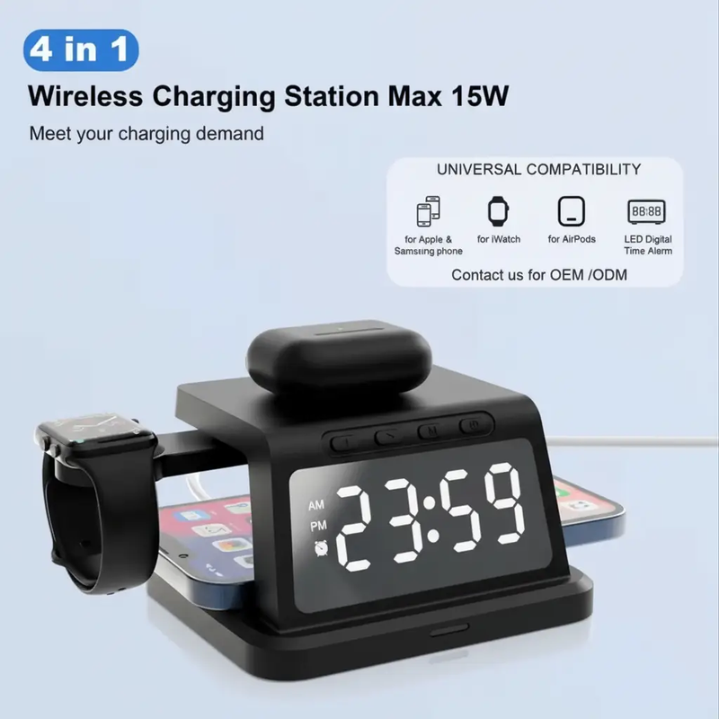 Digital Alarm Clock Wireless Charger – 3W/5W/7.5W/10W Multifunction Charger by techplus