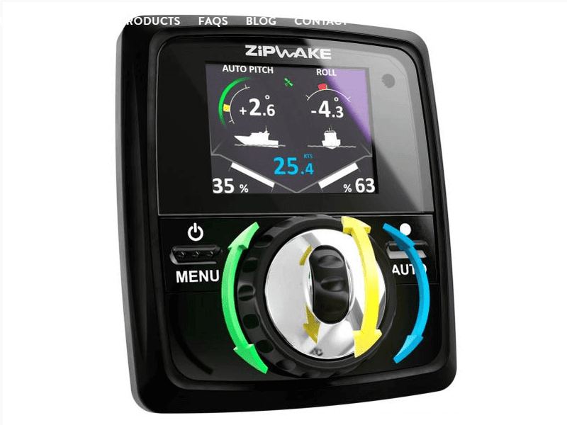 Zipwake 750mm Automatic Trim Tabs Kit display showing auto pitch and roll settings with intuitive control interface.
