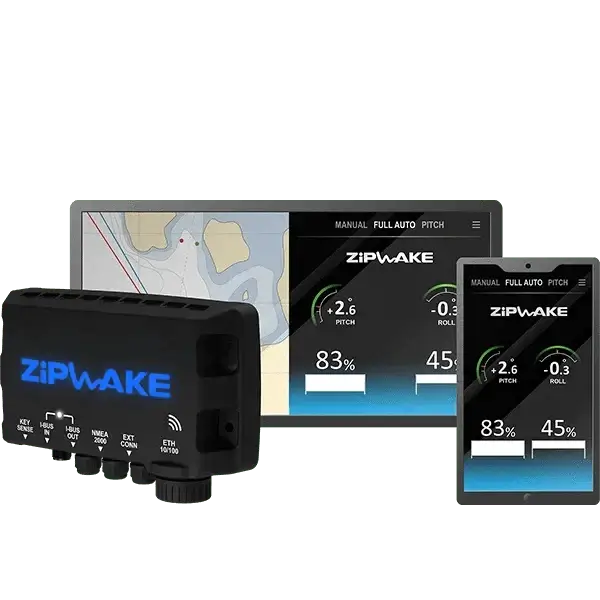 Zipwake S Series 450mm Automatic Trim Tabs display units showing active trim control features.
